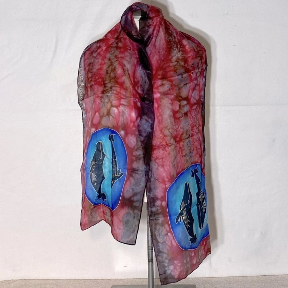 Vintage Hand Painted Humpbacks by the Sea Silk Scarf Coastal Nautical Artisanal